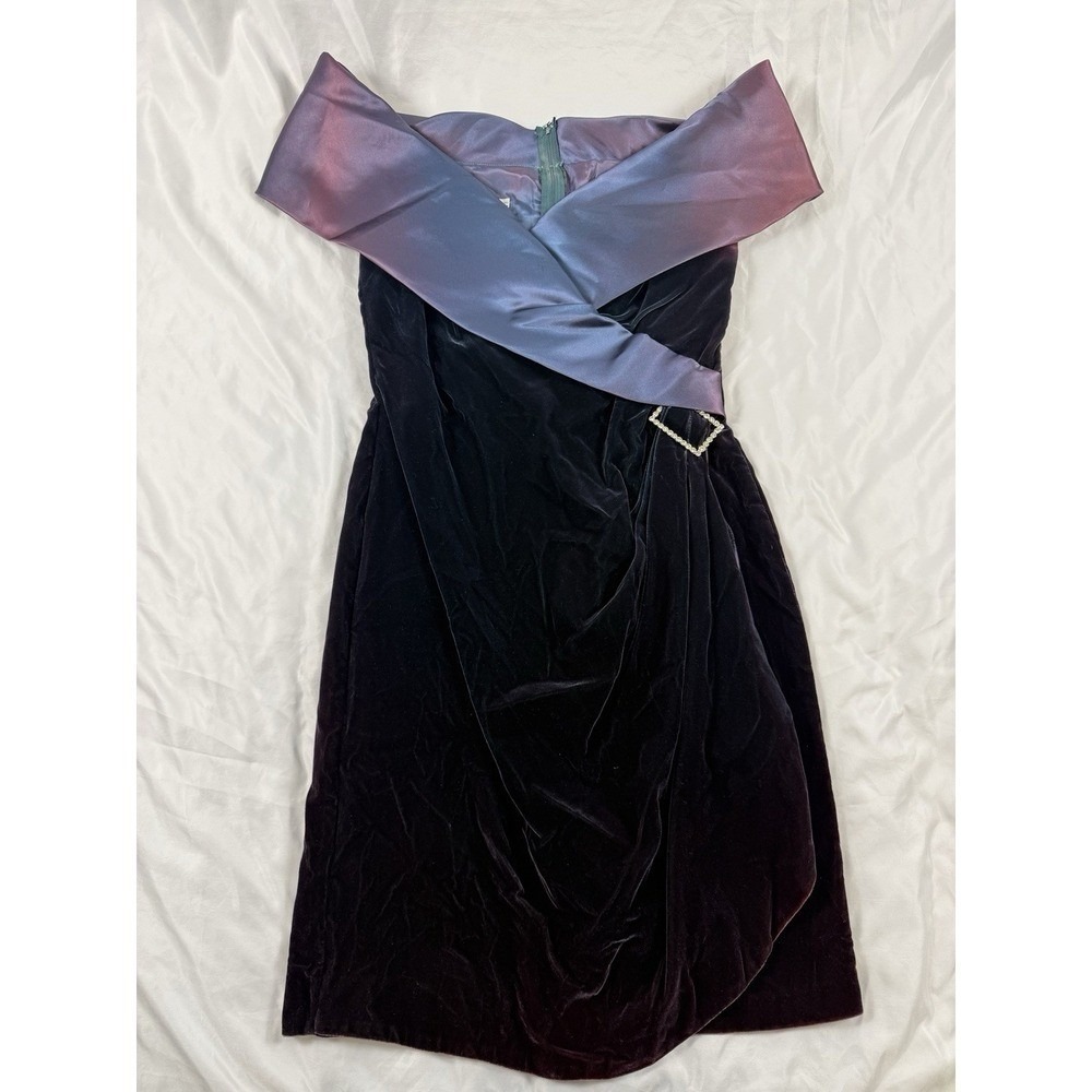 Vintage 90s Zum Zum Velvet Off Shoulder Dress Union Made USA‎ Plum Rhinestone S